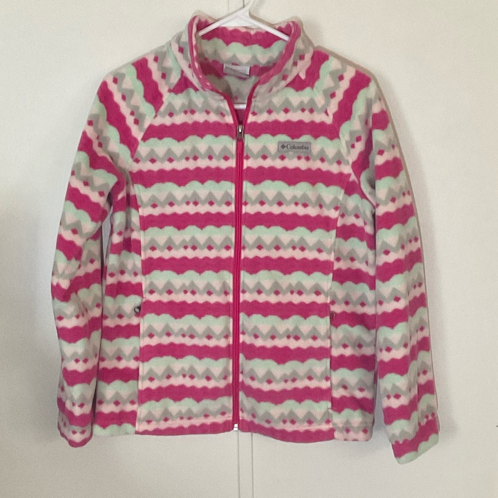 YOUTH Columbia Pink and White Striped Fleece Jacket